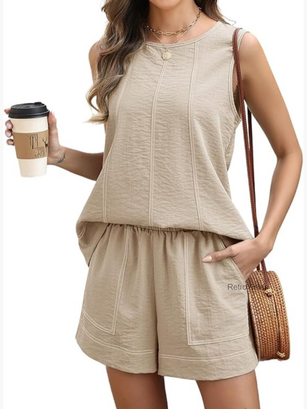 Sleeveless Top and Shorts 2 Piece Set Summer Linen Cotton Outfit